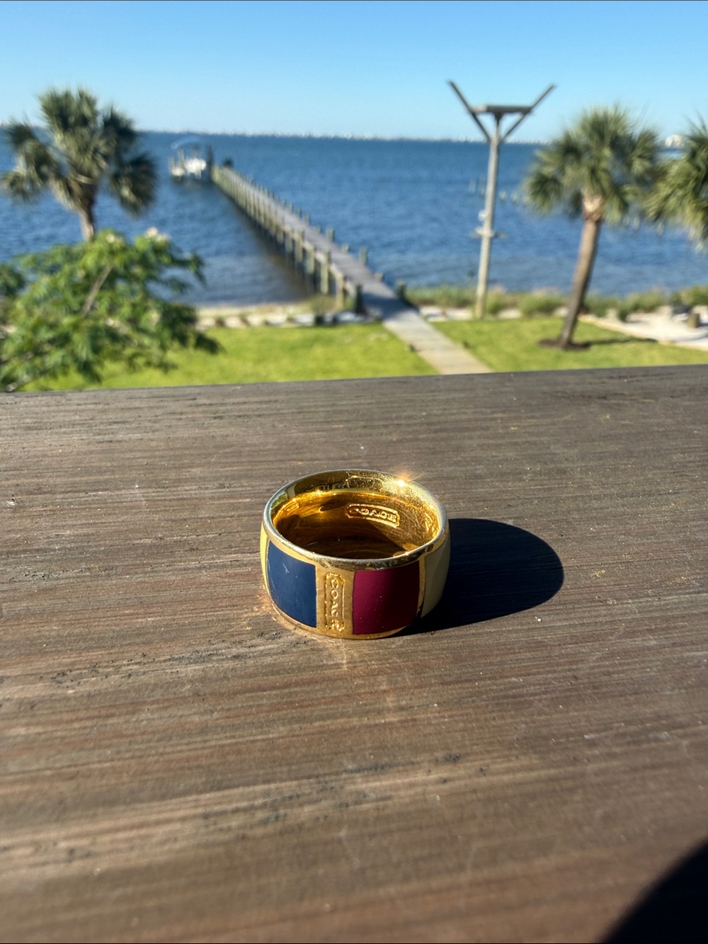 Coach Gold Tone Ring with Pink, Blue & Cream Enamel - Picture 2 of 4